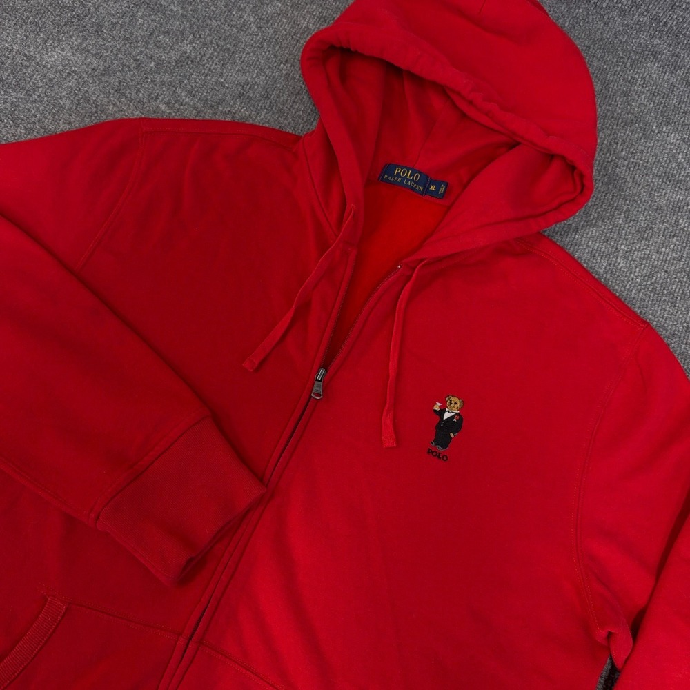 Polo Ralph Lauren Hoodie Mens XL Red Embroidered Tuxedo Bear Full Zip Jacket